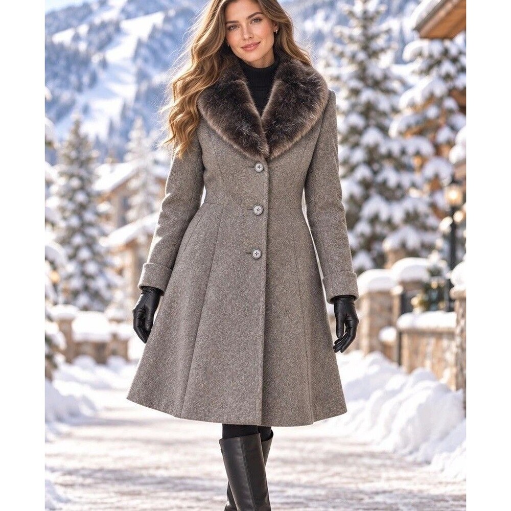 Lauren By Ralph Lauren Sz 6 Women Wool Blend Coat Faux-Fur Trim Black Aspen Chic